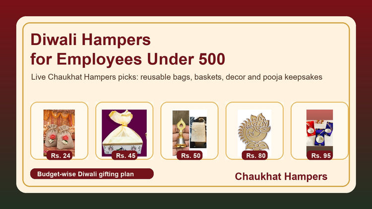 Diwali hampers for employees under 500 with jute bag hamper basket Morpankh bell rangoli stencil and German silver bowl
