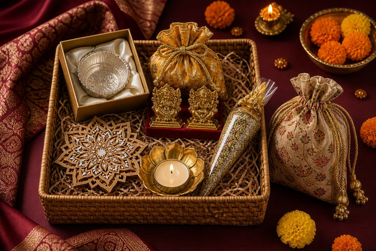diwali pooja hamper ideas cover showing a hamper basket, German silver bowl, Shubh Labh pair, rangoli, wax urli candle and mukhwas cone