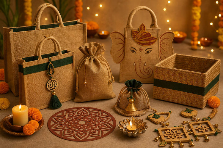 eco-friendly Diwali hampers with jute bags, reusable decor, diya and hamper basket