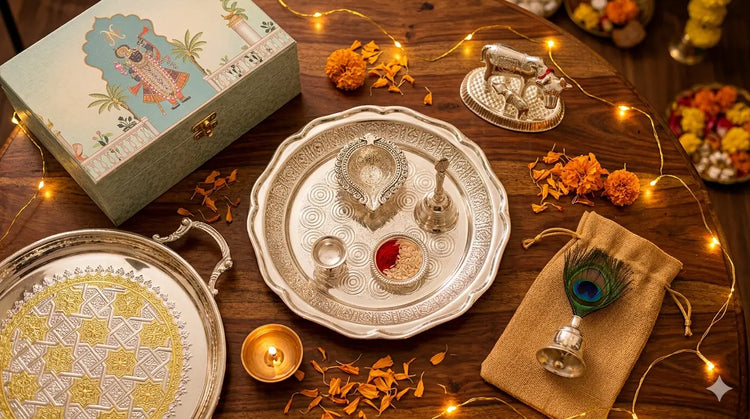 Premium festive corporate gifts featuring German Silver Pooja Thali Set, Luxury Pichwai Hamper Box, and decorative platter arranged with marigold flowers and diya for Diwali gifting
