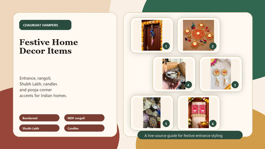 festive home decor items cover showing bandarwal MDF rangoli Shubh Labh decor and candles