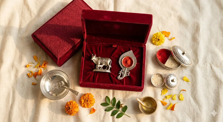 German silver puja gifts for Akshaya Tritiya 2026 arranged in a velvet gift box