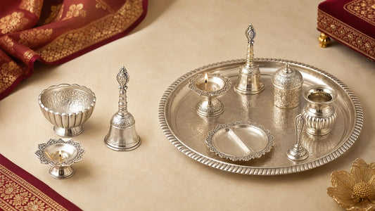 german silver gifts cover showing a bowl diya bell and complete pooja thali set