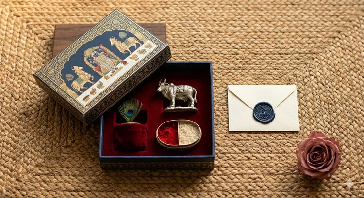 German silver Kamdhenu idol, morpankh kumkum holder, and roli chawal chopda set arranged in a Pichwai print gift box on dark walnut wood surface.