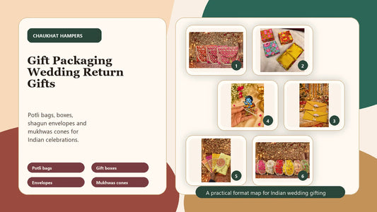 gift packaging wedding return gifts cover showing potli bags, boxes, envelopes and mukhwas cones