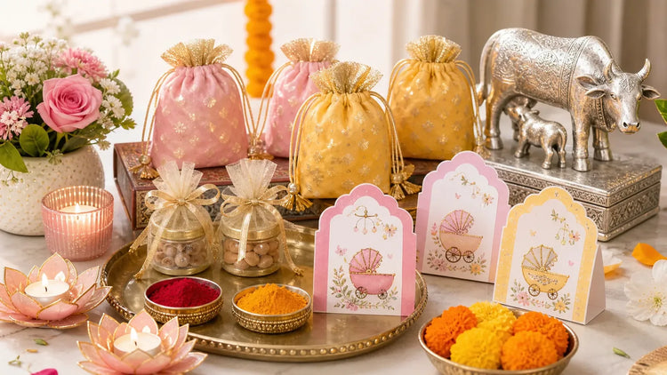 godh bharai return gifts arranged with haldi kumkum favors candles potli pouches diya set and German silver cow gift