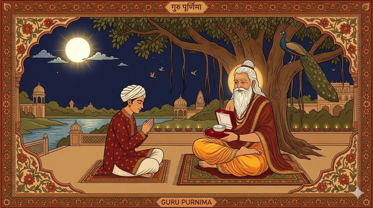 Warm traditional Indian illustration of a disciple touching guru's feet and offering German Silver pooja gift in velvet box on Guru Purnima with full moon in background