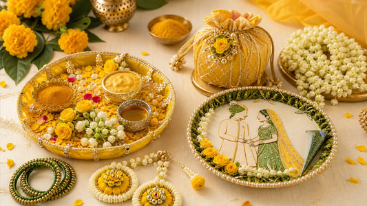 haldi mehndi gifts cover showing a decorated haldi platter, mehndi thali and potli hamper