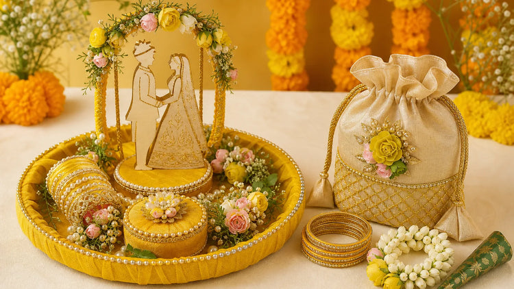 haldi platter for wedding cover showing a ritual tray, potli hamper, bangles, gajra and mehndi cone