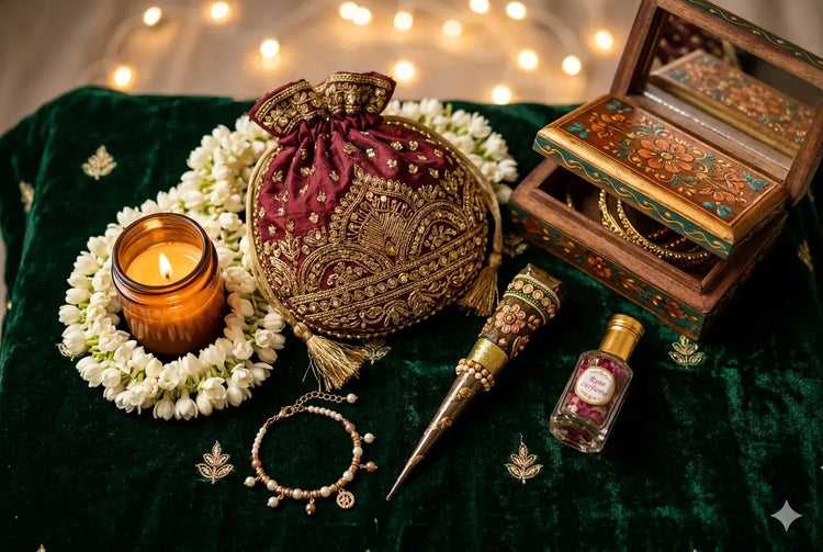 Mehendi night gift arrangement with designer potli bag mehendi cone scented candle gold bracelet and jasmine flowers on green velvet