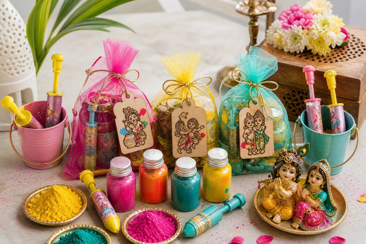Holi return gifts cover showing pichkari sets gulal bottles MDF tags and Radha Krishna Holi decor