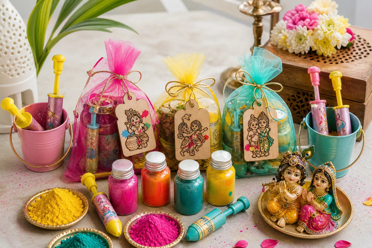 Holi return gifts cover showing pichkari sets gulal bottles MDF tags and Radha Krishna Holi decor