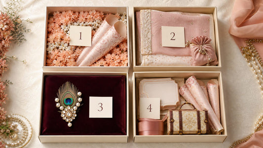 indian wedding accessories checklist arranged as four labelled venue boxes with a floral chadar dupatta groom brooch and ceremony spares