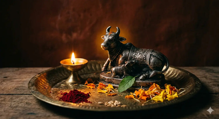 German silver Kamdhenu cow and calf idol for Vastu gifting India — home decor puja and housewarming gift