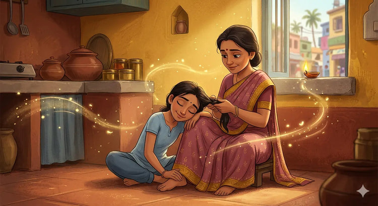 Digital illustration of a mother braiding her daughter’s hair in a traditional Indian kitchen. Warm turmeric and rose color palette, Pixar-style animation. Ideal for Chaukhat festive gifting and home-themed blog content.