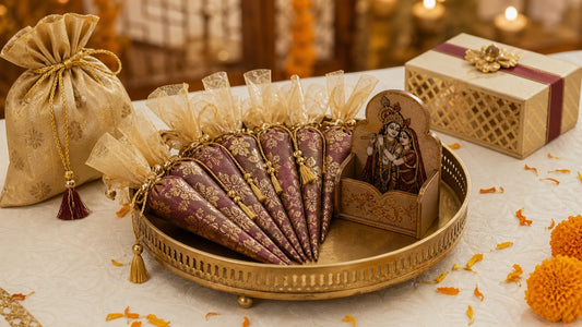 mukhwas return gifts cover showing wedding cones and a Radha Krishna MDF holder