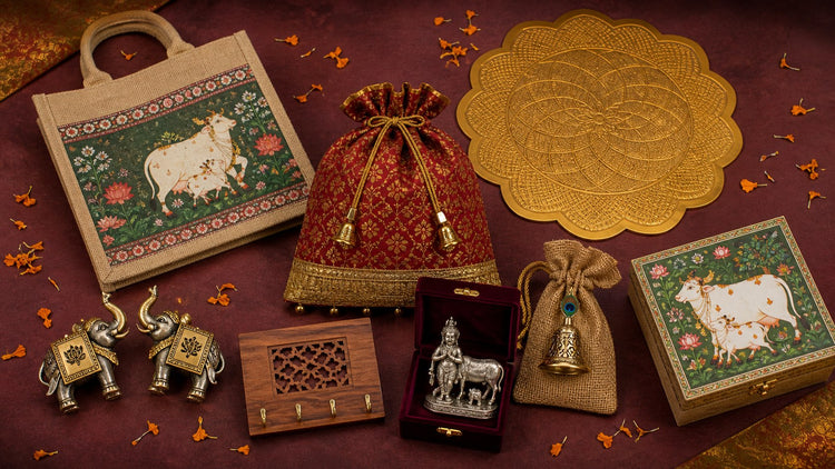 non-food Diwali hampers with a Pichwai jute bag, bell potli, golden rangoli mat, Shubh Labh pair and German silver keepsake