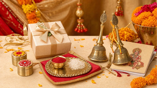 pooja return gifts for wedding cover showing phera bells roli chawal plate haldi kumkum and chalisa gift set