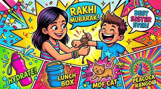 Colorful and cheerful illustration of Raksha Bandhan celebration featuring a happy brother and sister with rakhi gifts including a cute sipper bottle, tiffin combo, DIY cat craft, and peacock rangoli stencil