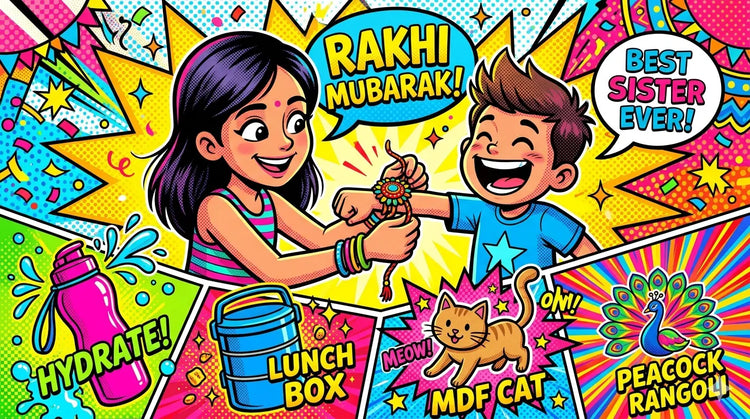 Colorful and cheerful illustration of Raksha Bandhan celebration featuring a happy brother and sister with rakhi gifts including a cute sipper bottle, tiffin combo, DIY cat craft, and peacock rangoli stencil