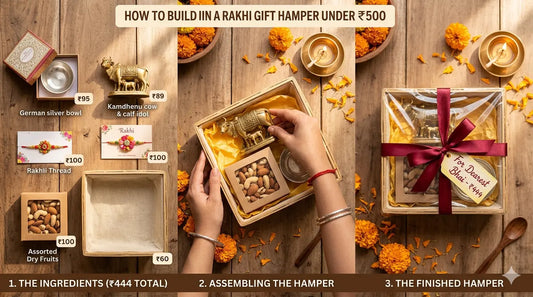 Beautifully arranged budget rakhi gift hampers under ₹500 featuring German silver bowl, Kamdhenu idol, rakhi thread, and sweets in an elegant gift box with marigold flowers