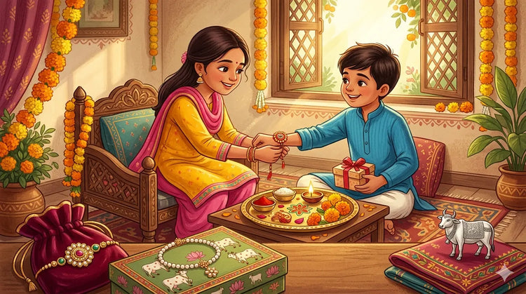Raksha Bandhan 2026 gift ideas — Kundan bracelet, Pichwai gift box and Kamdhenu silver idol curated by Chaukhat Hampers