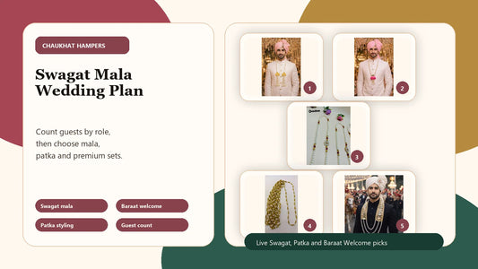 swagat mala wedding cover showing pearl malas bandhani patka and baraat welcome accessories