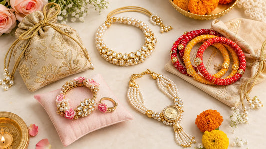 wedding return gift bracelets arranged as pearl kundan bandhani floral ring combo and bracelet watch gifts