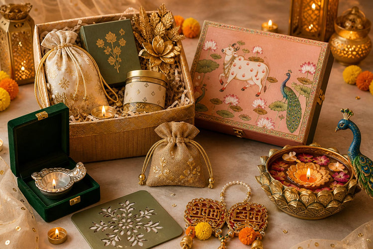 what to put in a Diwali hamper with box, potli, diya and Shubh Labh decor