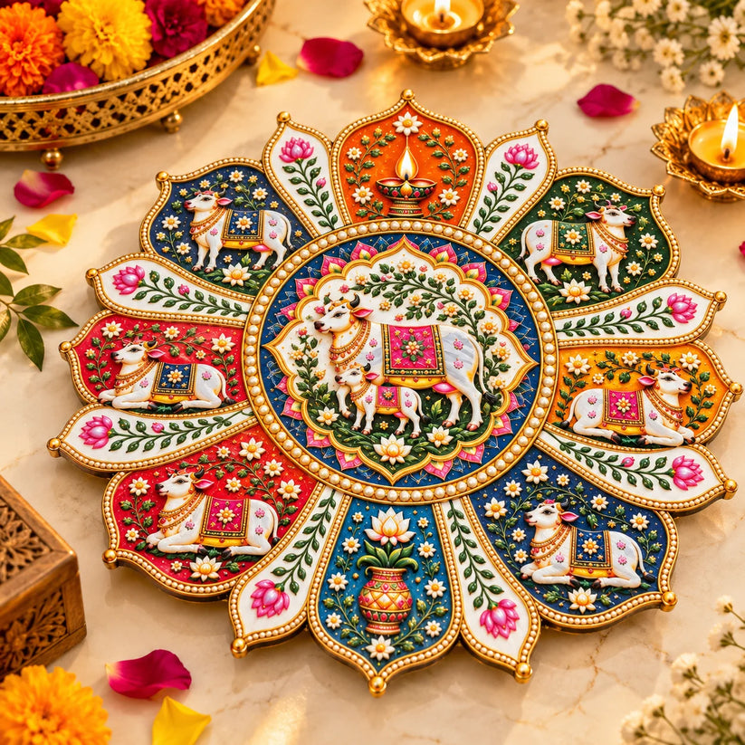 12 inch designer Kamdhenu cow and calf lotus shape rangoli for Diwali decoration and pooja room decor
