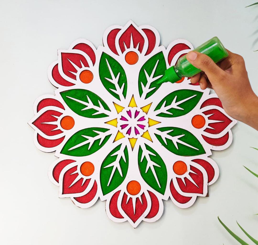 12 inch MDF rangoli stencil with leaf design used for floor decoration