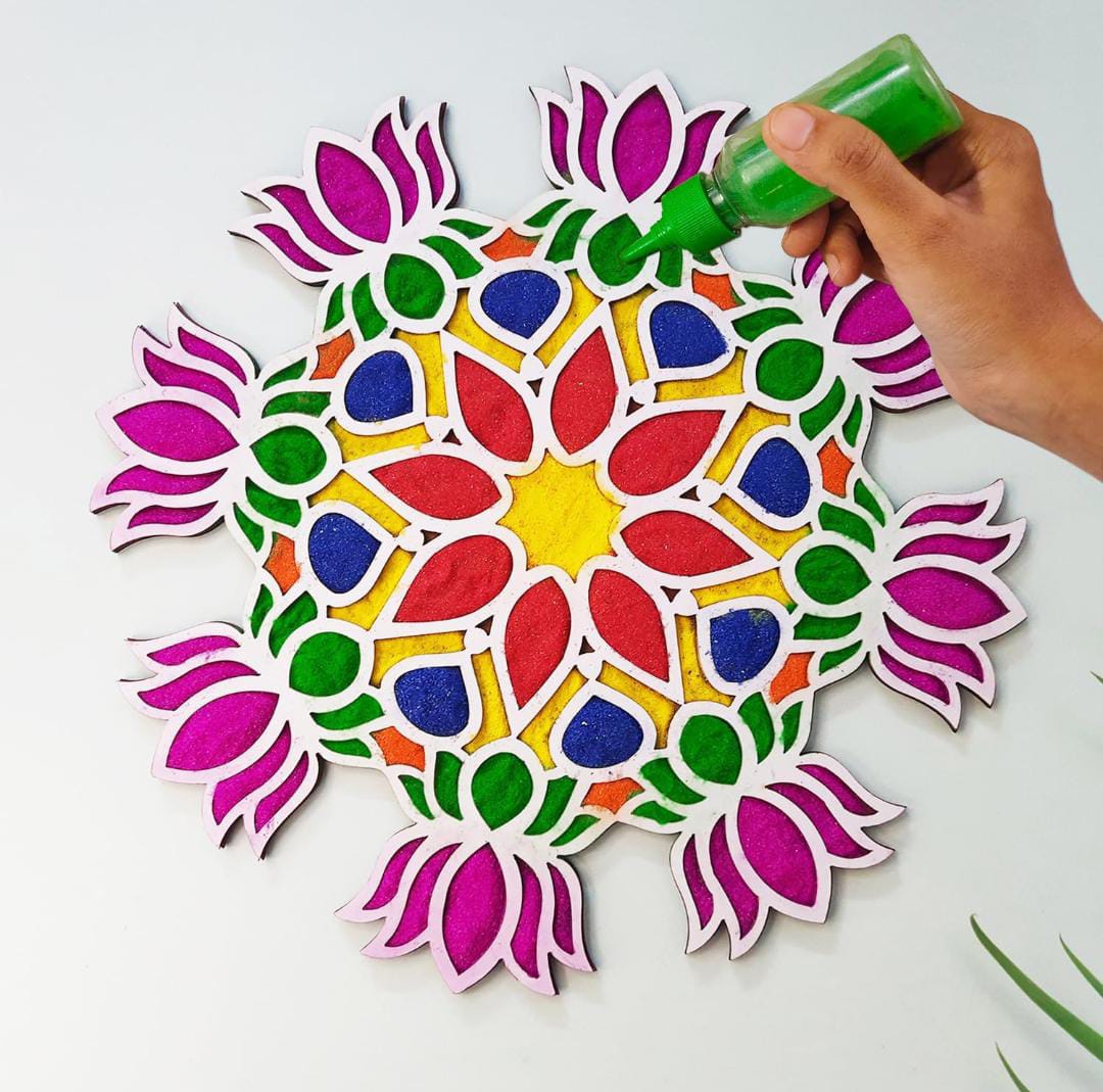 12 inch MDF rangoli stencil with lotus design for festive floor decoration