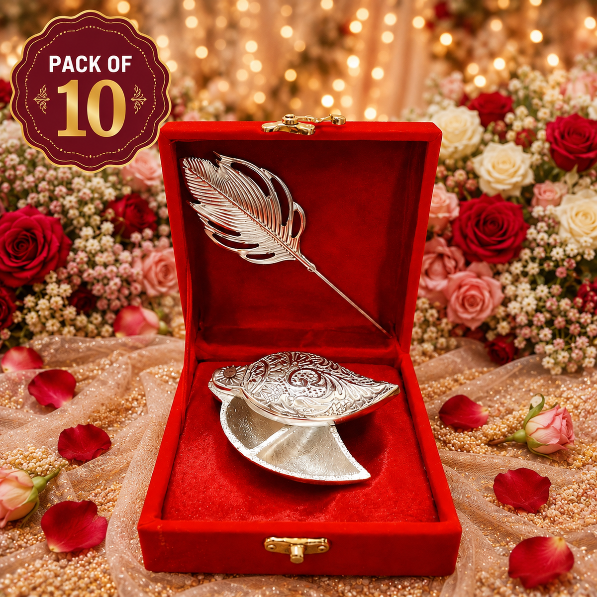 German Silver Roli Chawal Chopda with Tilak Stick – Velvet Box
