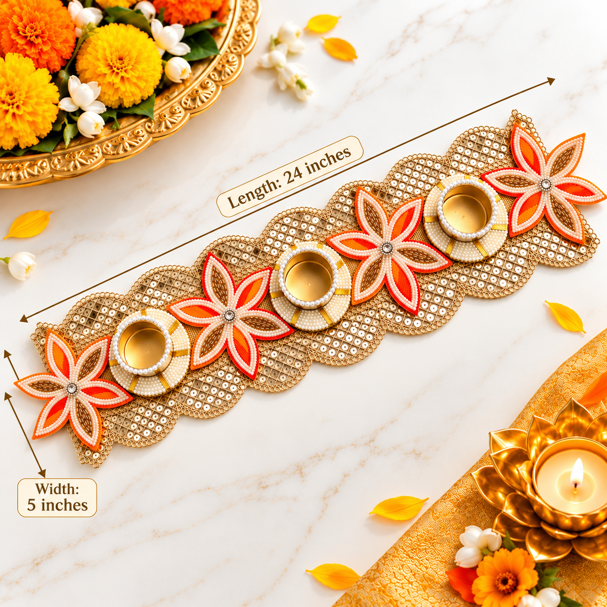 Designer Diwali Tea Light Holder Table Runner for Festive Home Decoration, Runner for Diwali Pooja, Lakshmi Pujan, Dining Table, Living Room and Indian Festival Decor