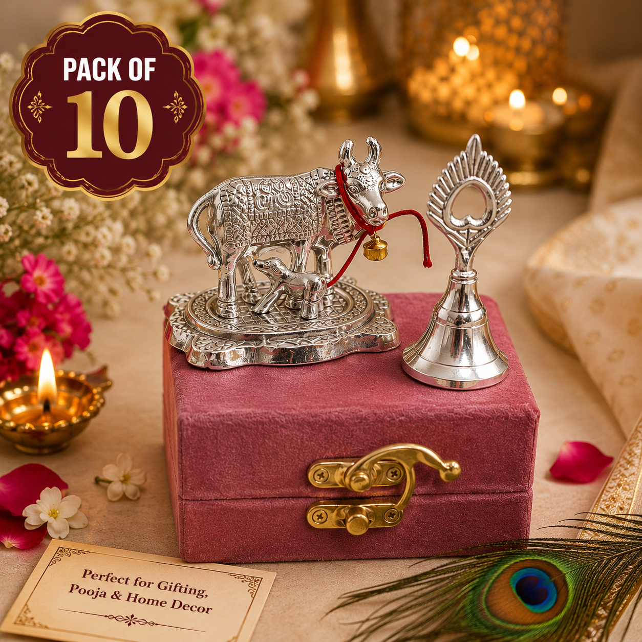 German Silver Cow with Bell in Velvet Box | Auspicious Pooja Return Gift for Guests | Hindu Religious Gift for Wedding, Housewarming & Festive Occasions
