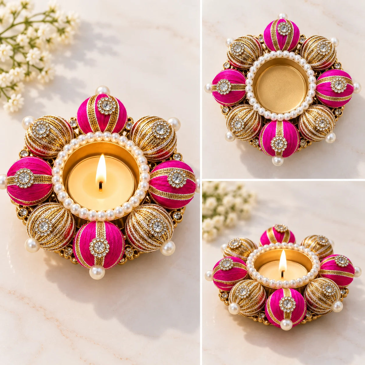 Pink and Gold Decorative Tealight Holder for Diwali Decoration, Pooja Room, Festive Table Decor & Gifting ( pair )