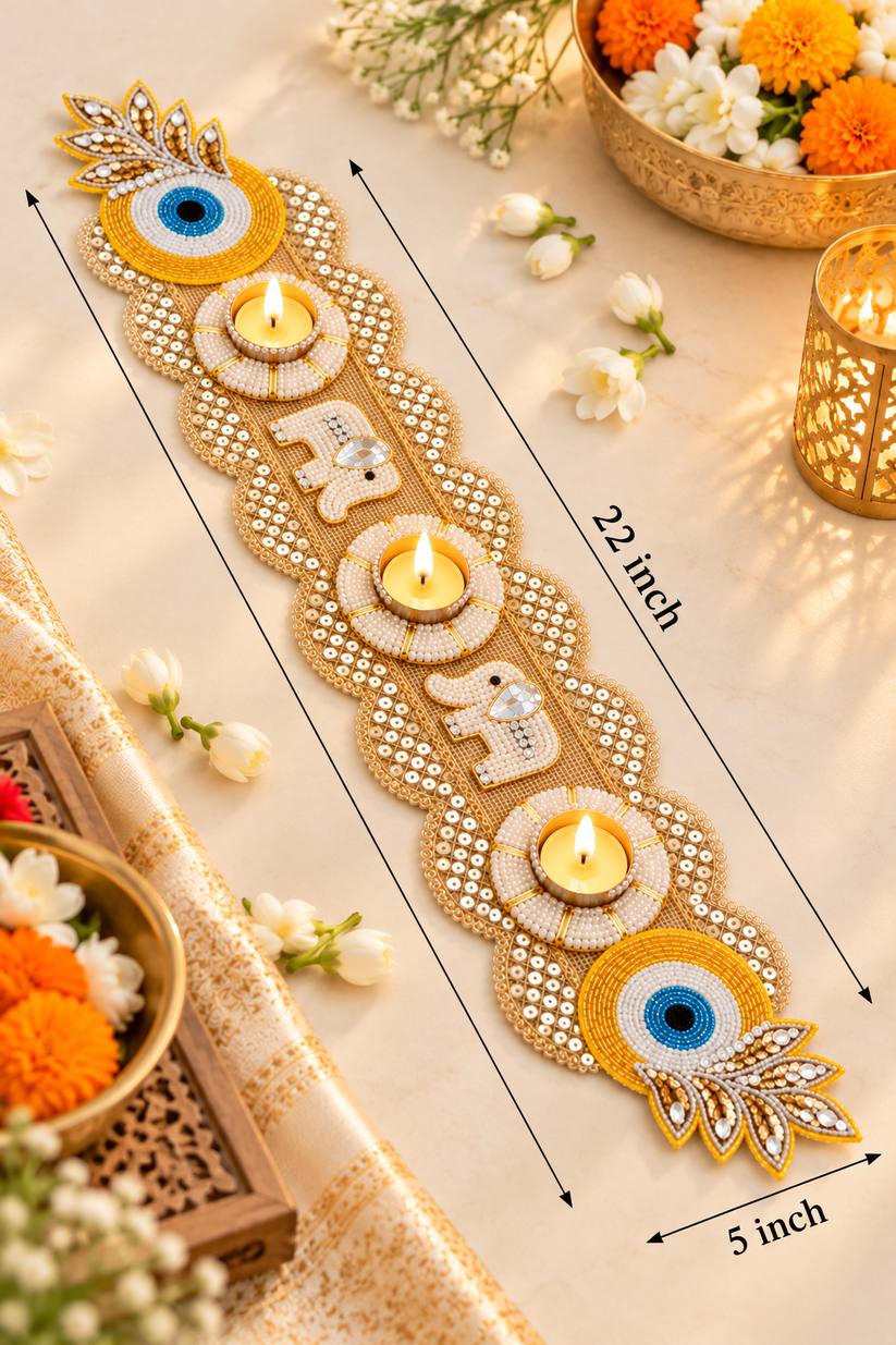 raditional Elephant Tea Light Runner with Pearl Embroidery, Golden Decorative Accents and Elegant Elephant Motifs for Diwali Decoration, Festive Table Decor and Indian Ethnic Home Styling