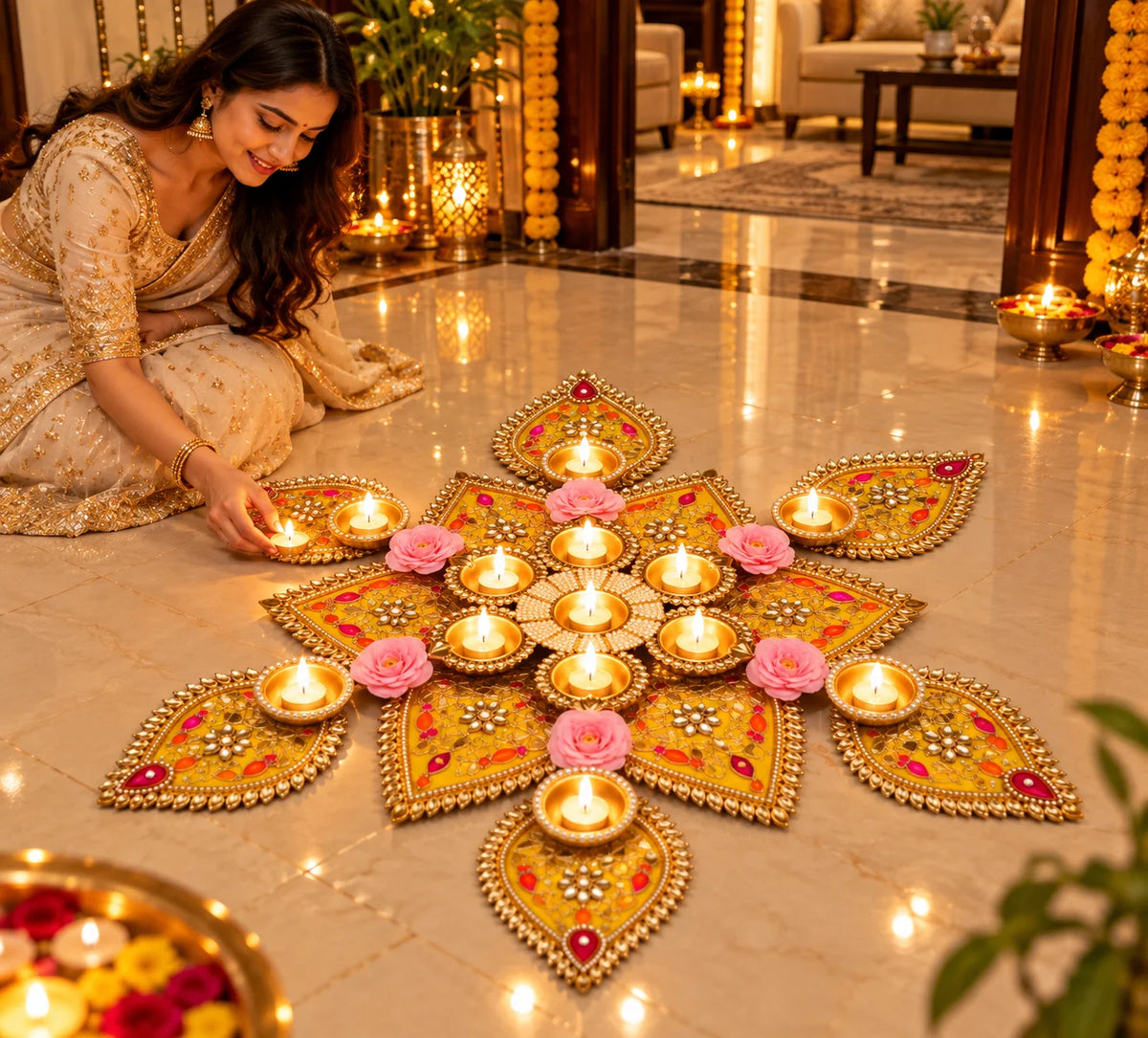 Designer Peacock Rangoli Set | Decorative Tealight Holder for Diwali, Pooja & Festive Home Decor ( 1 pieces )