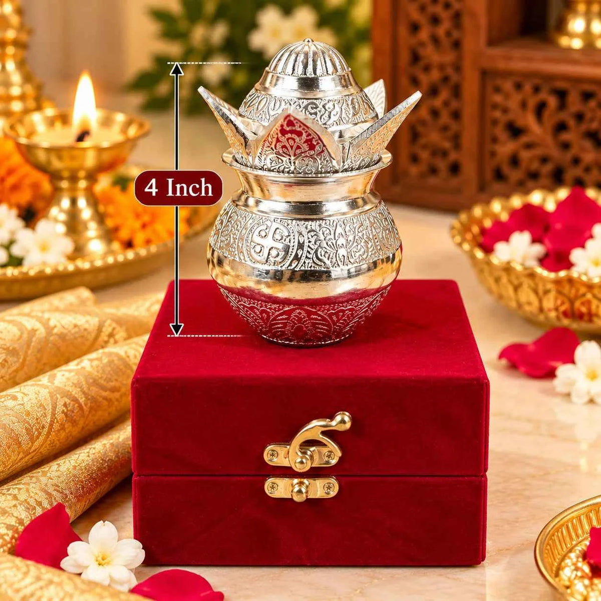 German Silver Kalash Gift In  Velvet Box | 4 Inch Religious Pooja & Festive Decor