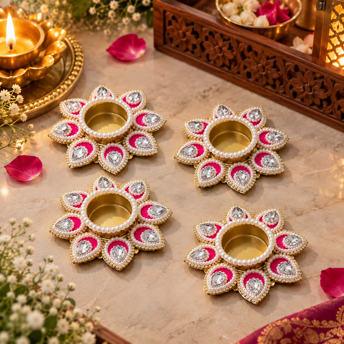 Designer Floral Tea Light Holder with Pearl & Crystal Work for Diwali & Pooja