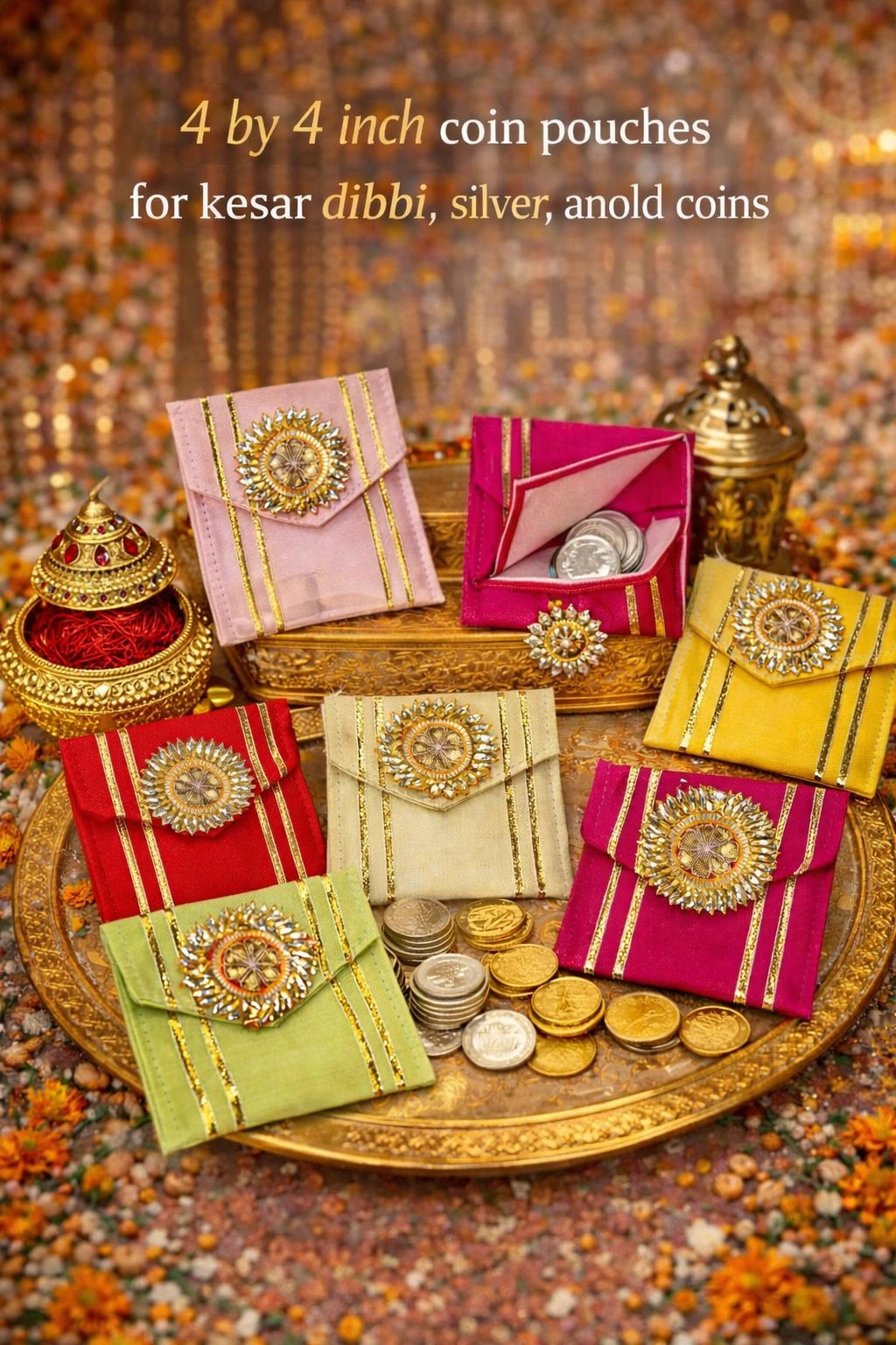 4x4 inch designer coin pouch for kesar dibbi and silver coins