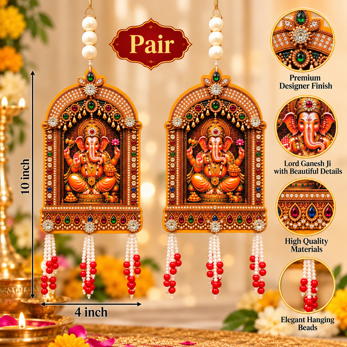 Traditional Designer Ganesh Ji Wall Hanging Pair with Pearl Beads and Multicolour Stone Work for Main Door, Temple, Pooja Room and Diwali Decoration – 10 x 4 Inch