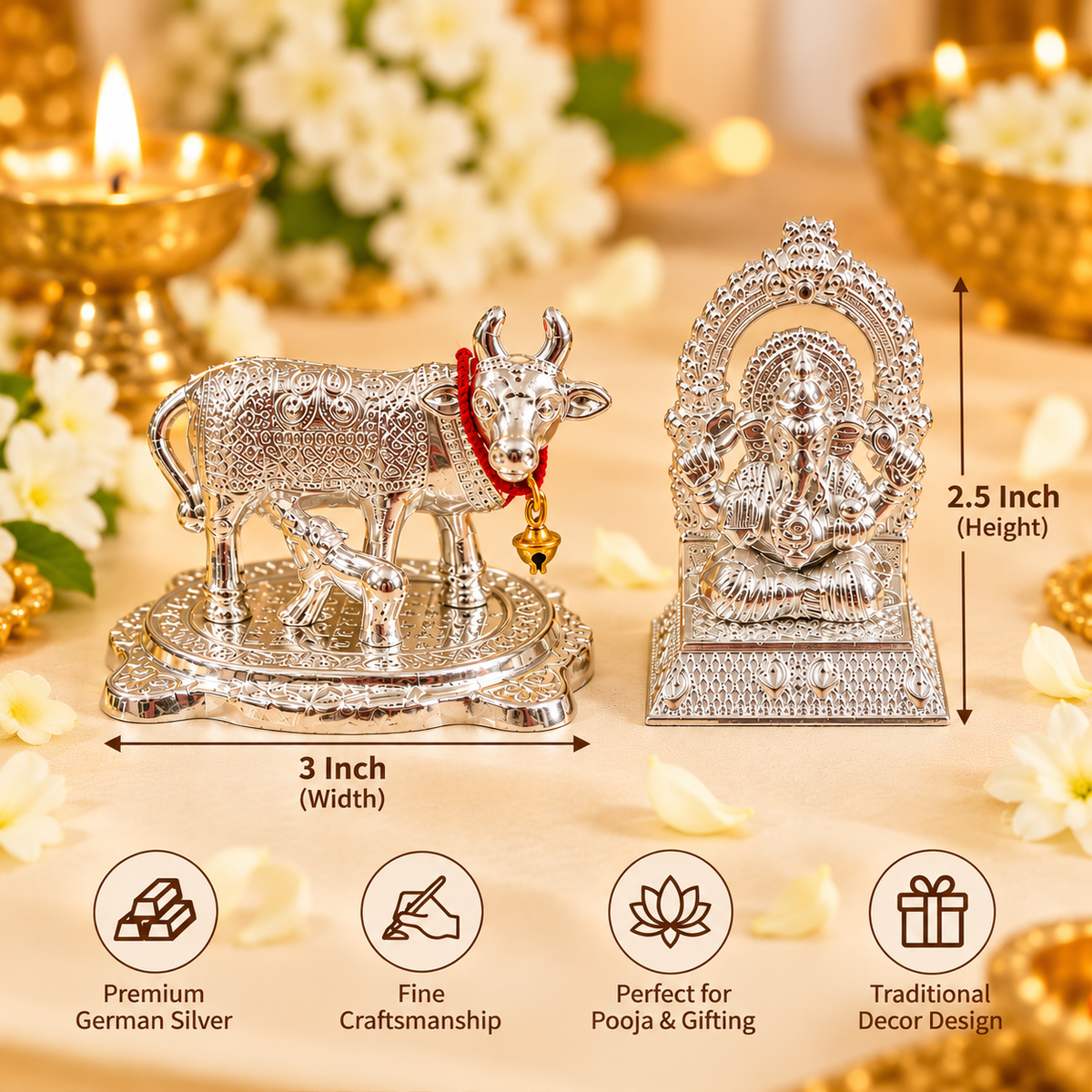 Designer German Silver Kamdhenu Cow and Ganesh Ji Idol Set in Velvet Box for Spiritual Gifts, Festival Decoration and Pooja