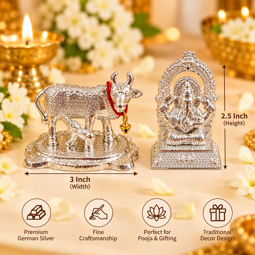 Designer German Silver Kamdhenu Cow and Ganesh Ji Idol Set in Velvet Box for Spiritual Gifts, Festival Decoration and Pooja