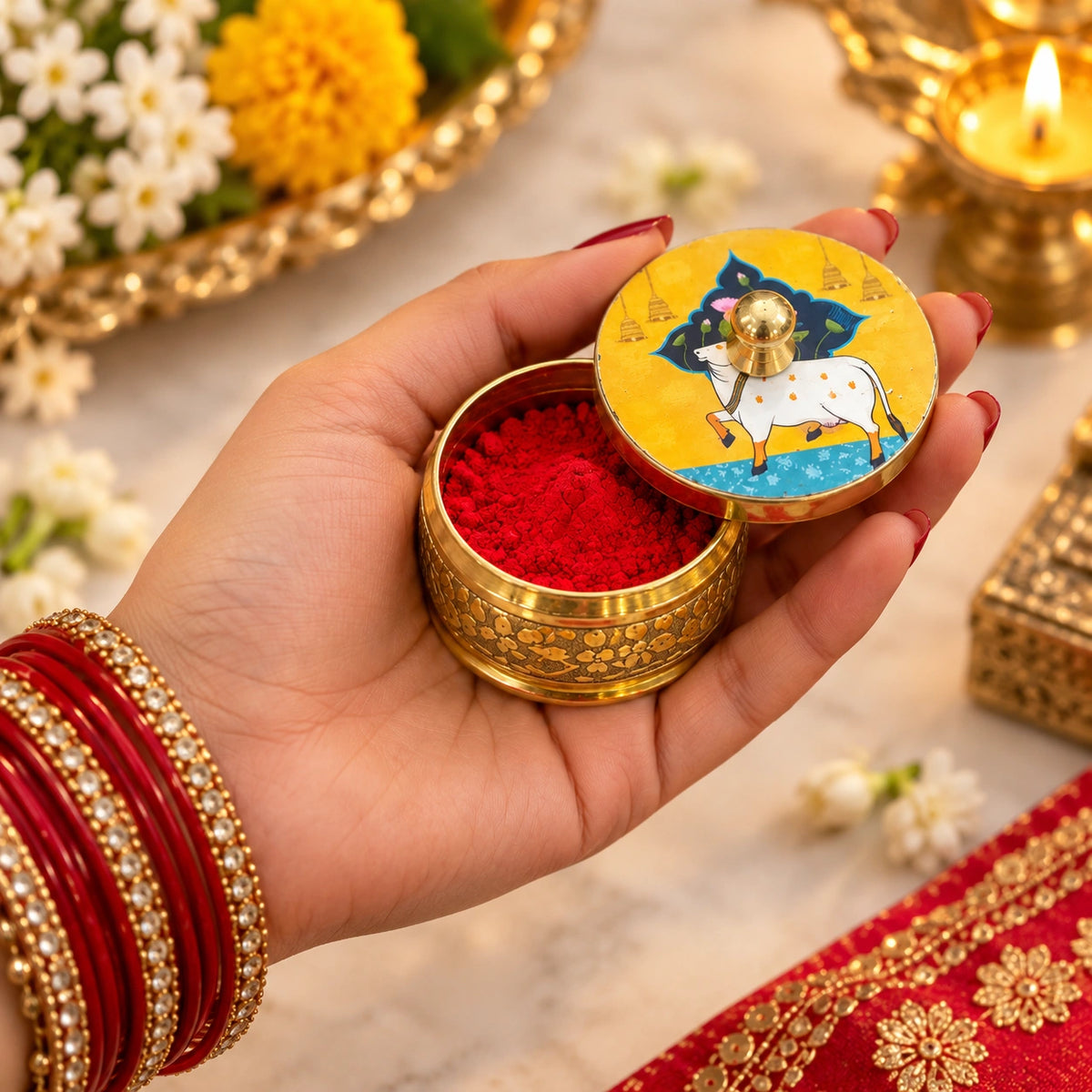 Brass Sindoor Box with Colorful Cow Design | Traditional Sindoor Dani for Pooja, Wedding & Gifting