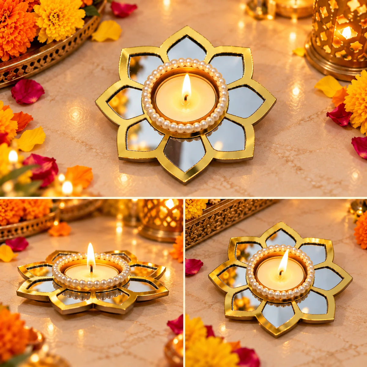 Lotus Mirror Tea Light Holder with Pearl Beads | Designer Diya Holder for Diwali & Pooja Decor( 1Piece )