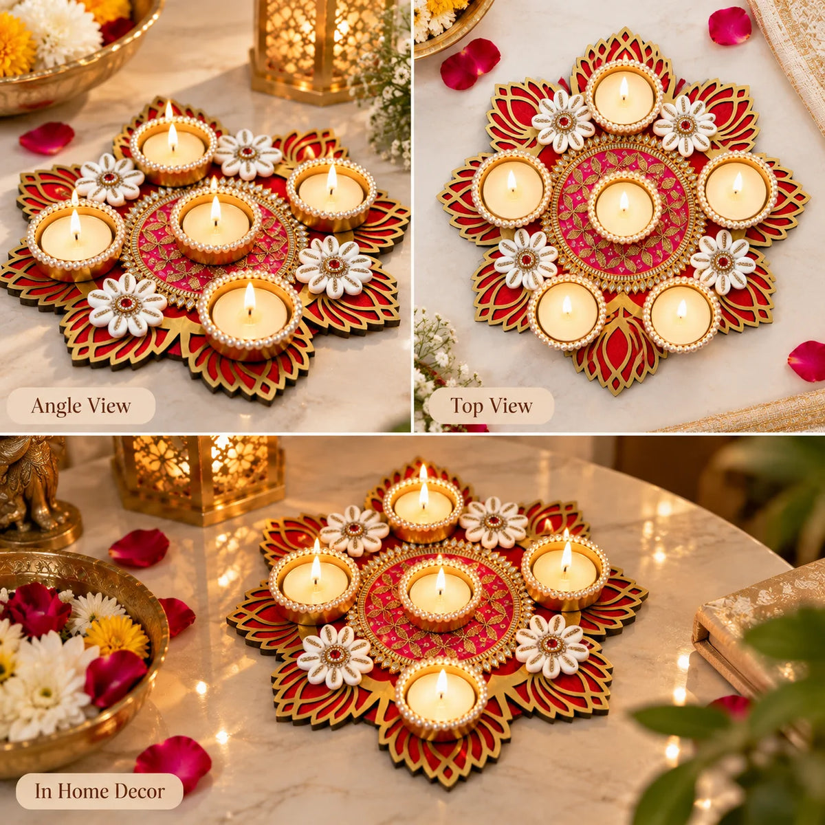 Designer Lotus Diya Rangoli with Tealight Holders | Diwali Decor ( 1 Piece )