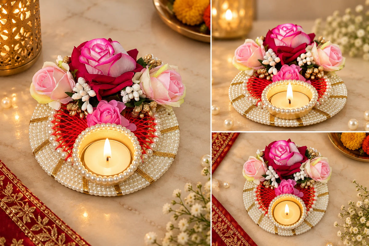 Designer Rose & Pearl Tealight Candle Holder | Diwali Home Decor ( 1 piece )