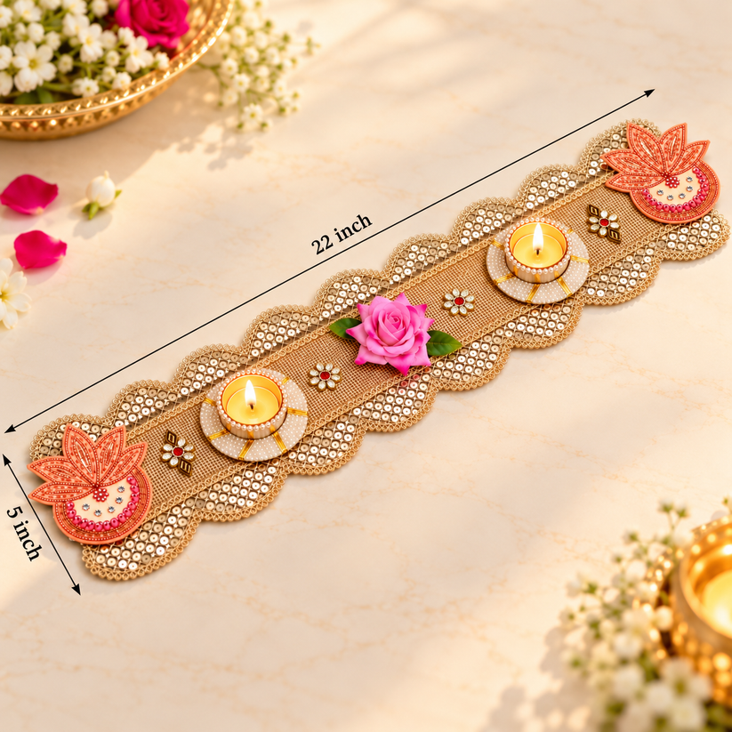 Designer Tea Light Holder Table Runner with Pearl Work for Diwali Decoration, Festive Table Styling and Elegant Home Decor