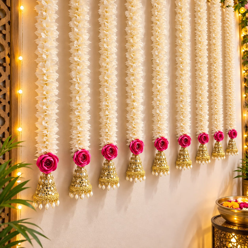 Artificial pink rose flower hanging with golden jhumka for wall, door and home decoration
